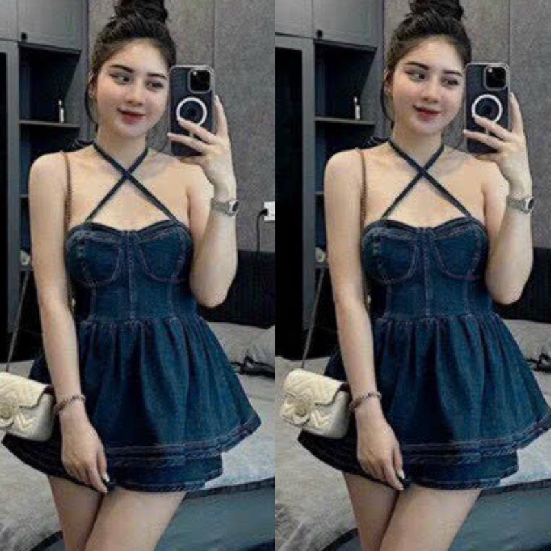 Set Bộ Áo Yếm Jeans Cúp Khuôn Ngực Babidoll Hở Lưng Chun + Quần Short Đùi