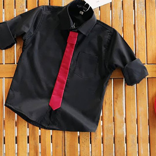 Áo sơ mi đen dài tay kèm cà vạt đỏ rời cho bé vải đẹp phom đẹp size đại từ 10kg đến 52kg
