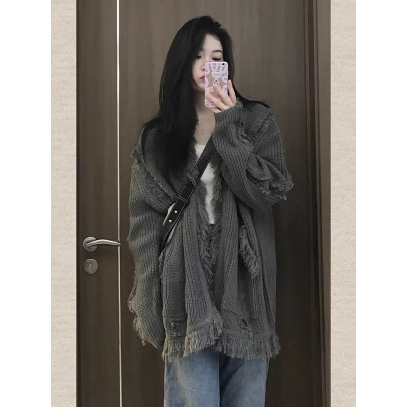 SẴN Áo cardigan len xám oversize tua rua dài tay bo gấu hottrend thu đông form rộng hàn quốc hai túi trước