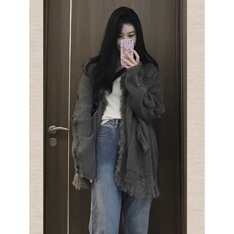 SẴN Áo cardigan len xám oversize tua rua dài tay bo gấu hottrend thu đông form rộng hàn quốc hai túi trước