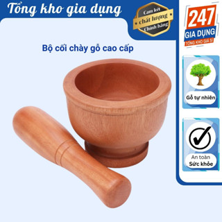 Bộ cối chày gỗ tự nhiên, gỗ xà cừ, không sơn, không tẩm hóa chất, gồm cối và chày