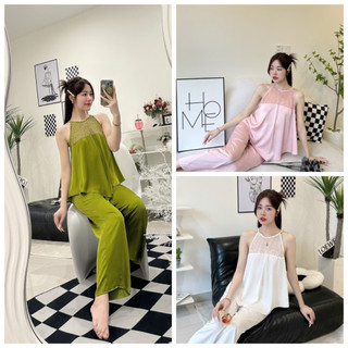 Đồ Bộ  Áo Yếm Phối Ren Sexy - Quần Dài Chất Lụa Latin Mịn Mượt Freesize