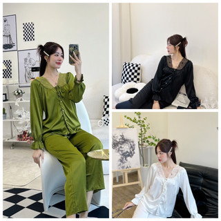Đồ Ngủ, Pijama Tiểu Thư Tay Dài Thiết Kế Cổ Tròn Phối Ren Chất Lụa Latin Mềm Mịn - Đồ Bộ Nữ Freesize