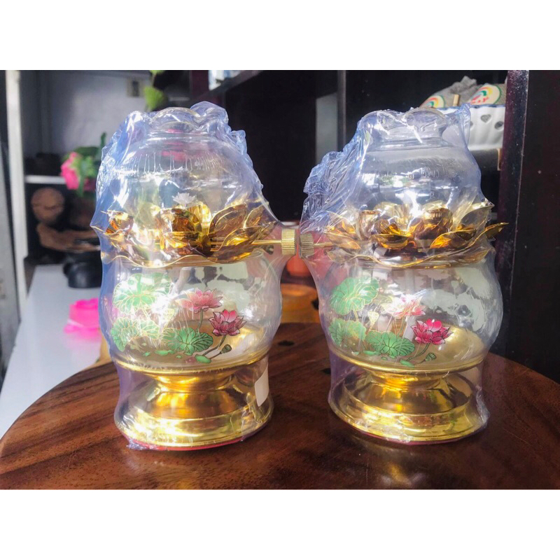 ĐÈN DẦU LƯU LY THỦY TINH VẼ HOA SEN- ĐÈN DẦU BÁT NHÃ