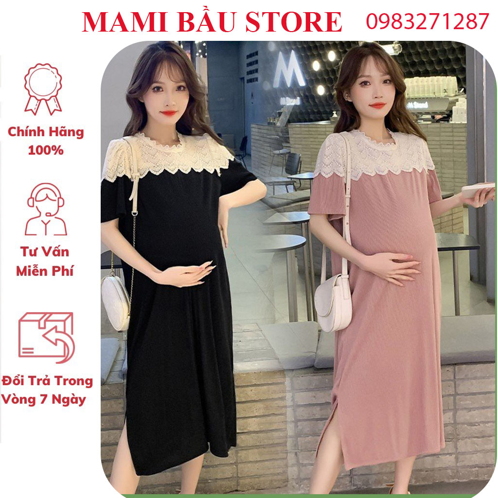 VÁY ĐẦM BẦU CÔNG SỞ DỰ TIỆC ĐẸP-THIẾT KẾ DÁNG SUÔNG DÀI CHẤT THUN TĂM MỀM MÁT CỔ REN TIỂU THƯ