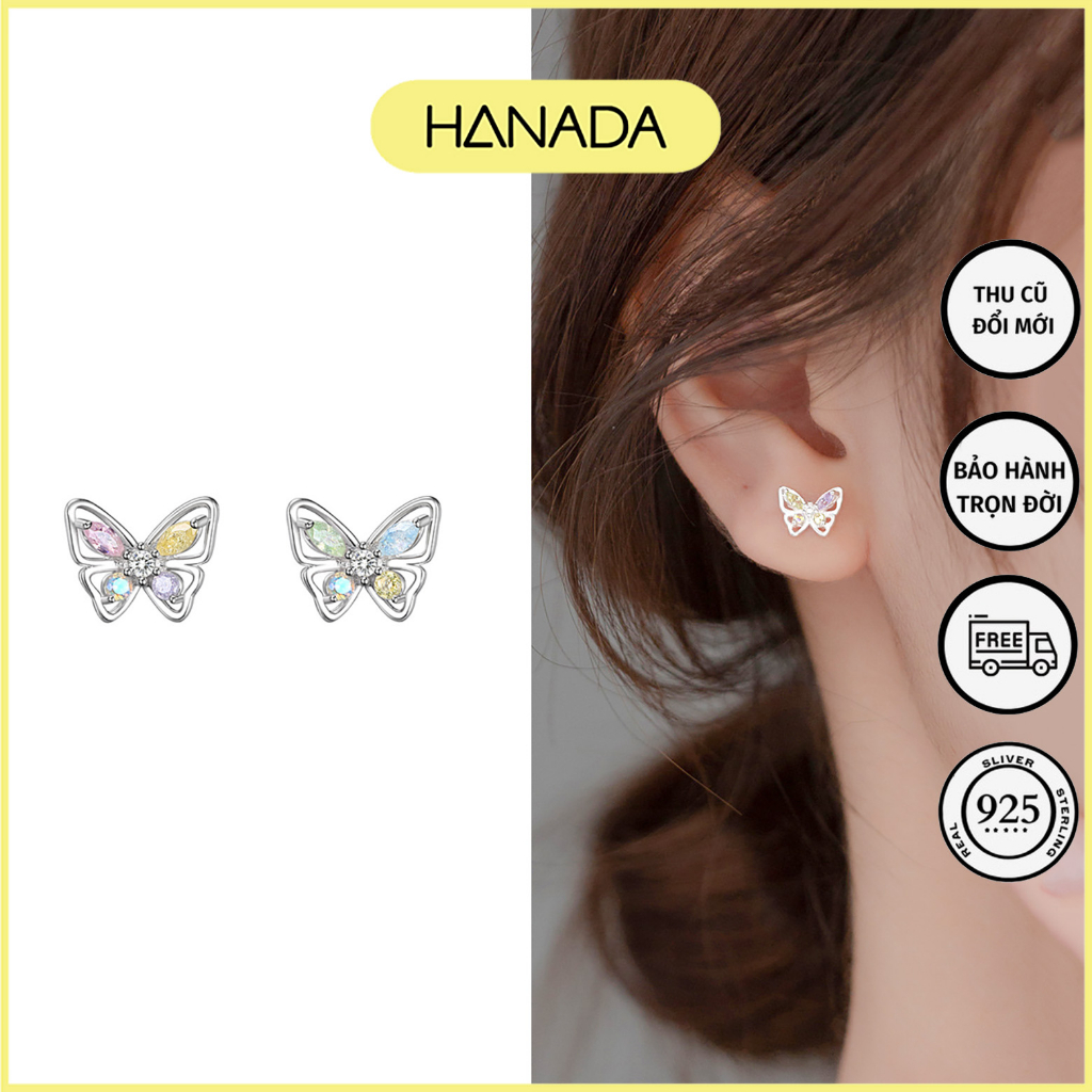 Bông Tai Bạc 925 Hanada Đính Đá Ngũ Sắc Tiểu Thư Nhẹ Nhàng Hồ Điệp 5 Màu 1108 D16