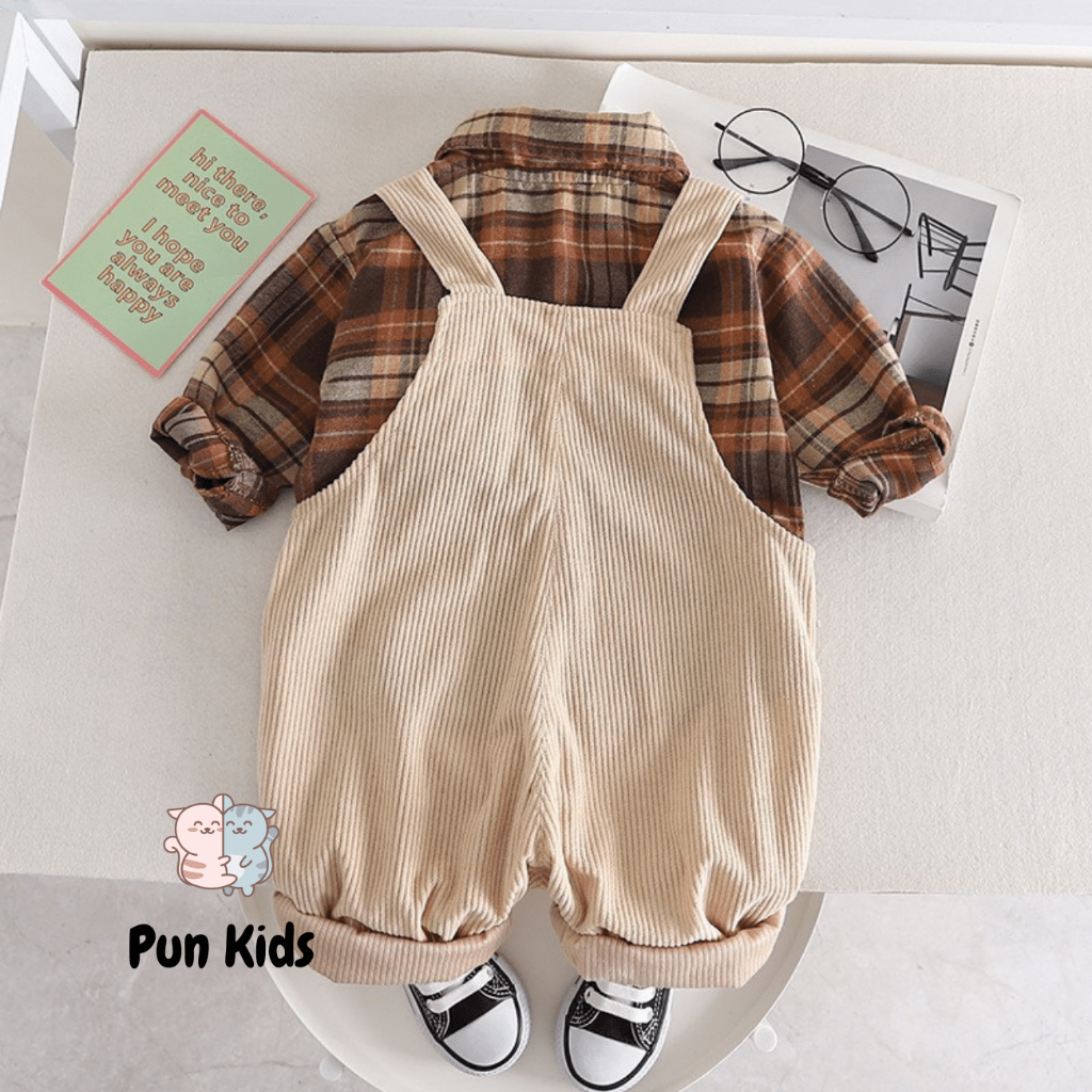 Set yếm đính gấu nâu cute kèm áo sơ mi thu đông cho bé từ 09 - 21Kg BD55