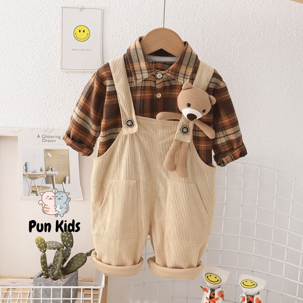 Set yếm đính gấu nâu cute kèm áo sơ mi thu đông cho bé từ 09 - 21Kg BD55