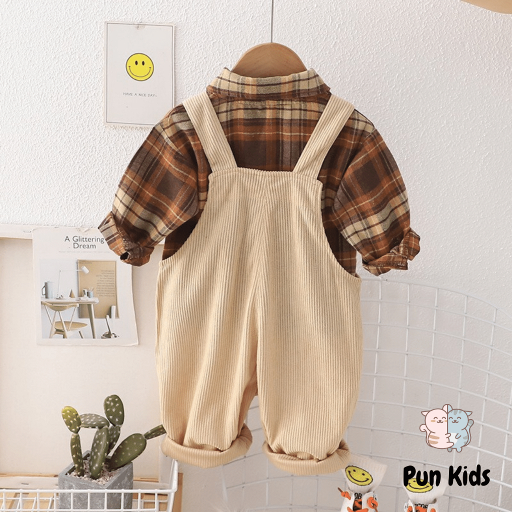 Set yếm đính gấu nâu cute kèm áo sơ mi thu đông cho bé từ 09 - 21Kg BD55