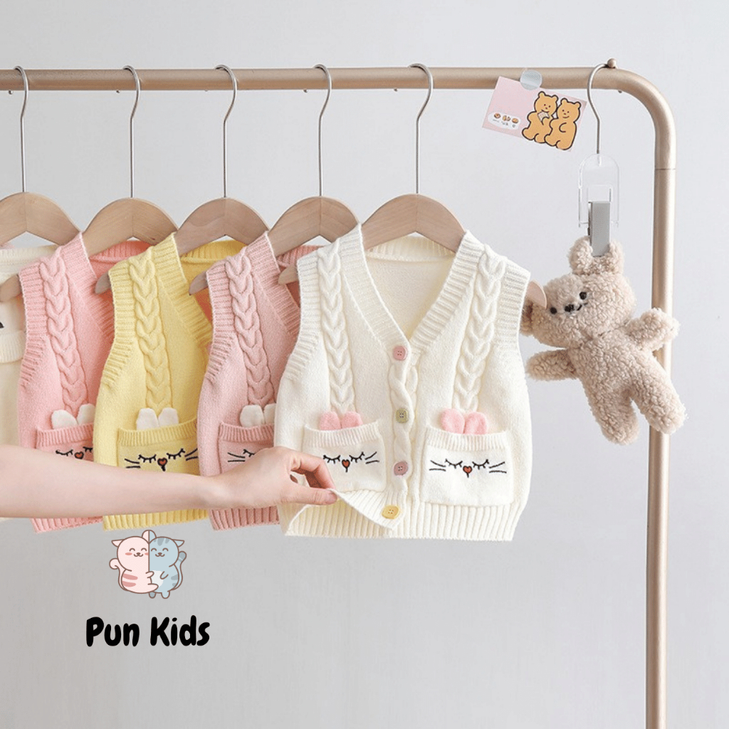 Áo gile len thu đông họa tiết túi mèo xinh màu hồng, màu kem cho bé gái từ 8 - 18Kg