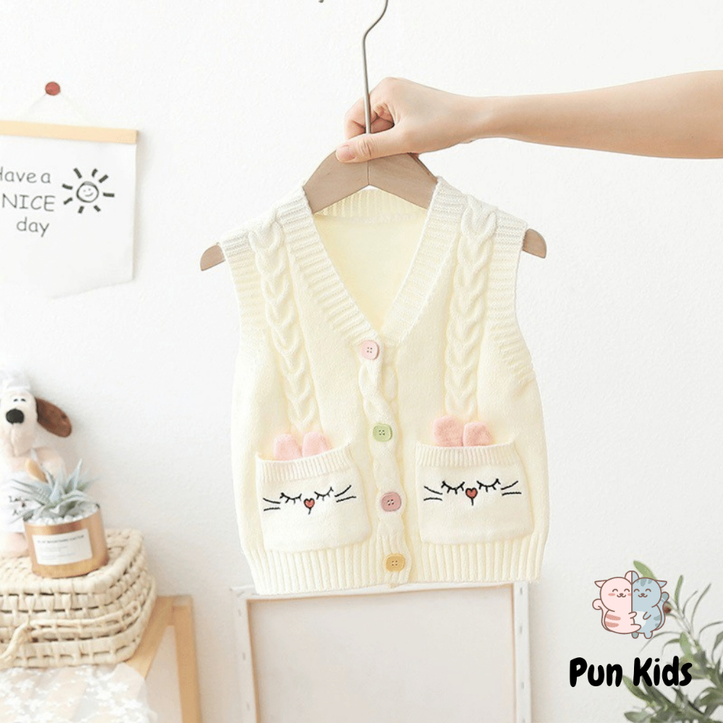 Áo gile len thu đông họa tiết túi mèo xinh màu hồng, màu kem cho bé gái từ 8 - 18Kg