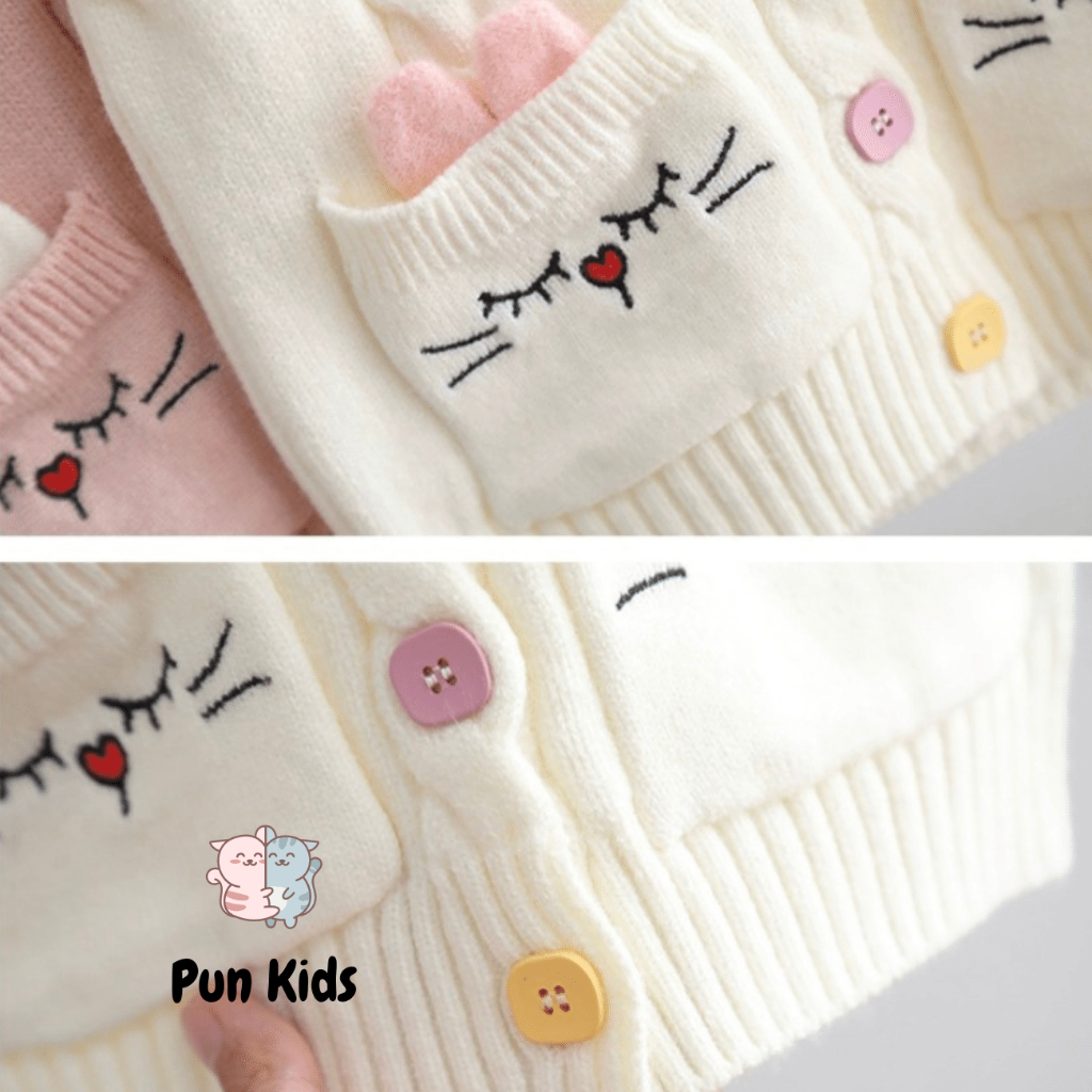 Áo gile len thu đông họa tiết túi mèo xinh màu hồng, màu kem cho bé gái từ 8 - 18Kg