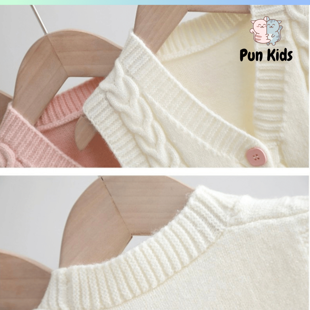 Áo gile len thu đông họa tiết túi mèo xinh màu hồng, màu kem cho bé gái từ 8 - 18Kg