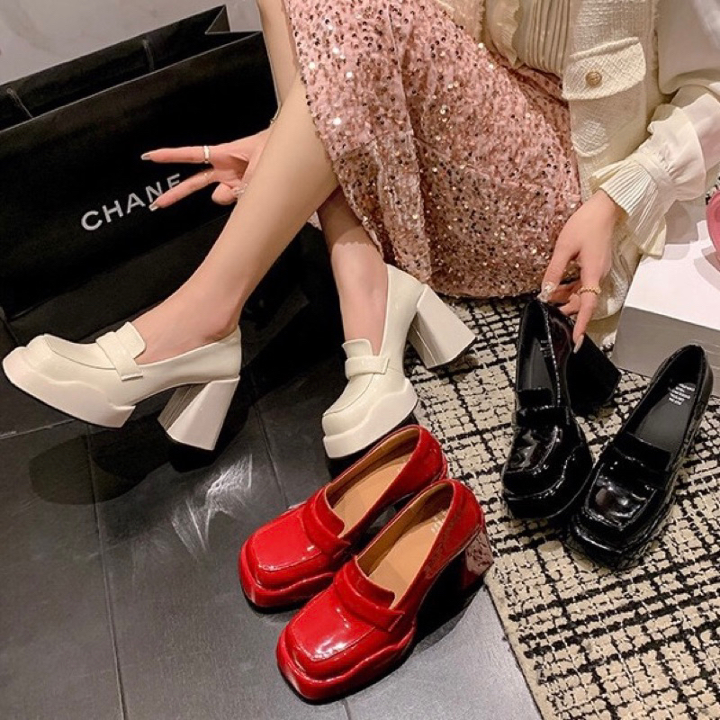 ORDER 💜 Giày moca mũi vuông da bò trơn gót trụ 10cm