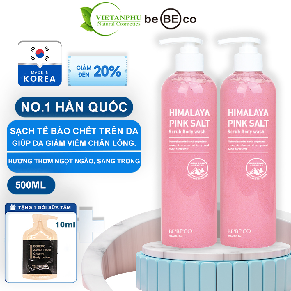 Sữa tắm tẩy tế bào chết muối hồng Himalaya hương nước hoa, sạch mụn ,sạch tế vào chết giảm viêm chân lông BEBECO 500ml