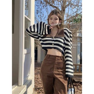Áo len gài nút sọc màu kiểu cổ bẻ form croptop hàng nhập QC!