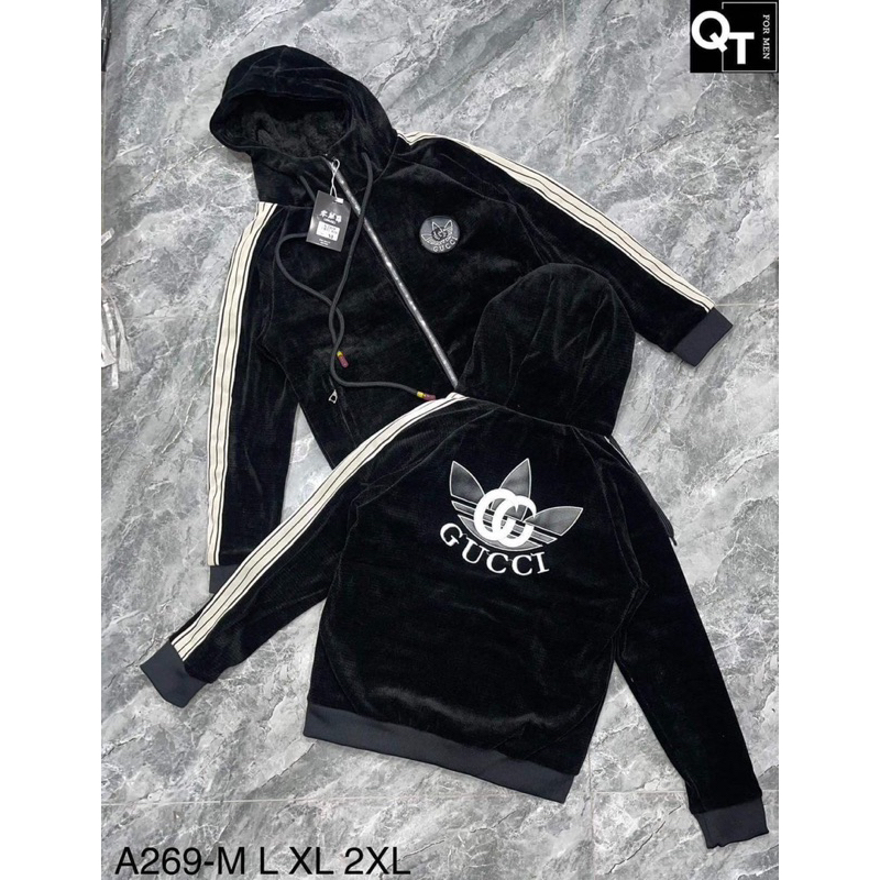 Áo vân nhung lv xọc kẻ gucci có nón có thể  tháo  rời  được  vân nhung  bên trong  lót lông