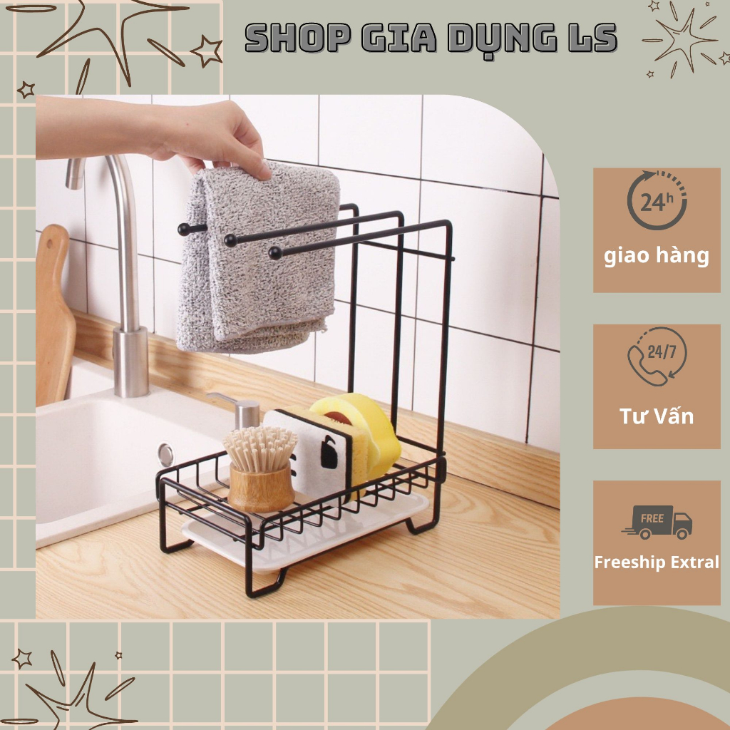 Kệ đựng đồ rửa chén, giá treo khăn kết hợp Kệ để giẻ rửa bát kèm khay thoát nước thông minh
