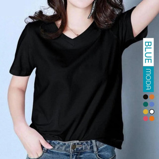 Áo phông nữ cổ tim form vừa dáng suông vải cotton basic trơn, áo thun nữ cổ V cộc tay đen trắng BLUEMODA205