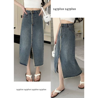 Chân váy jean dáng dài tua xẻ trước 247plus- Cvjeanxetruoc013