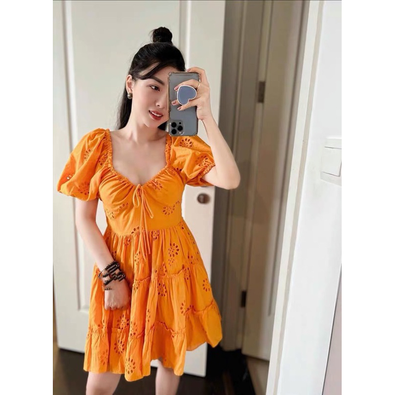 Đầm baby doll ren thô màu cam