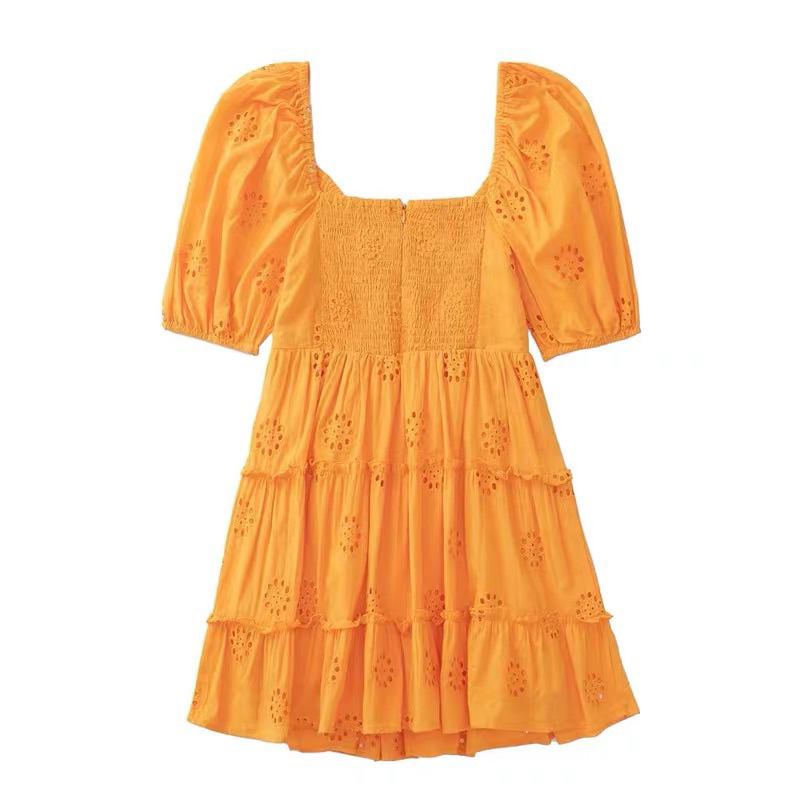 Đầm baby doll ren thô màu cam