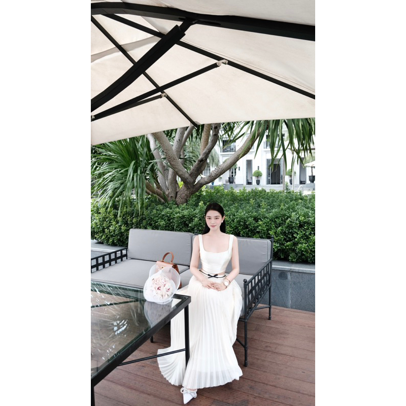 Áo Croptop và Chân váy dập ly MARIE màu kem, áo có đệm ngực MAR01