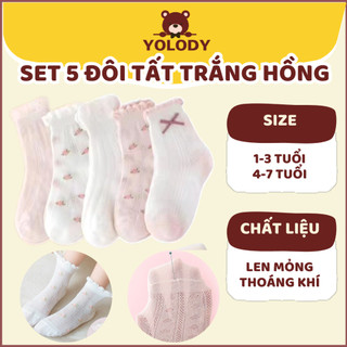 Set 5 đôi tất trắng lưới cổ bèo họa tiết cho bé 1-7 tuổi set tất chống muỗi Yolody phong cách hàn Quốc