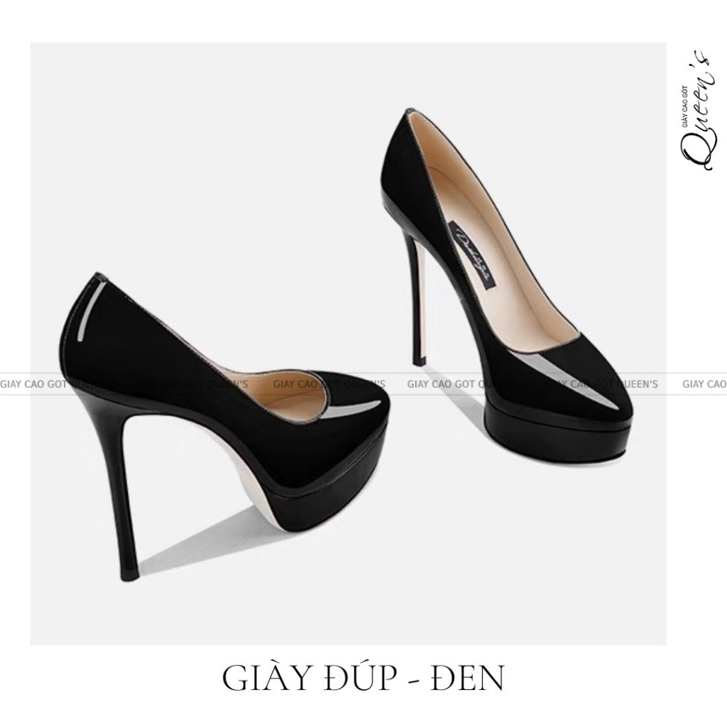 Giày cao gót đúp độn đế màu đen cao cấp, cao 11-12cm