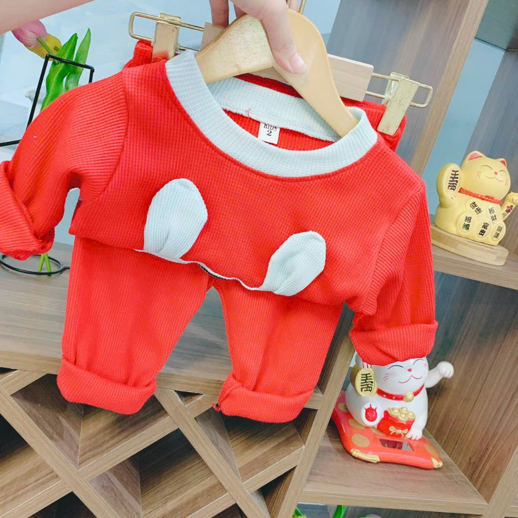 Bộ quần áo dài tay, thu đông, mặc điều hòa, chất xốp tổ ong, may hình gấu ngộ nghĩnh, cho bé trai, bé gái-BD11