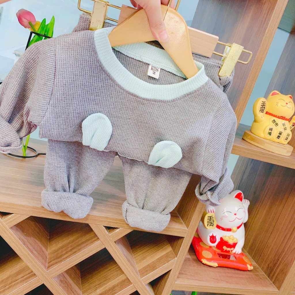 Bộ quần áo dài tay, thu đông, mặc điều hòa, chất xốp tổ ong, may hình gấu ngộ nghĩnh, cho bé trai, bé gái-BD11