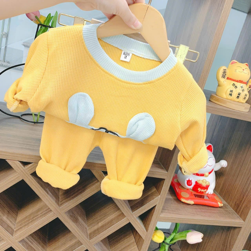 Bộ quần áo dài tay, thu đông, mặc điều hòa, chất xốp tổ ong, may hình gấu ngộ nghĩnh, cho bé trai, bé gái-BD11