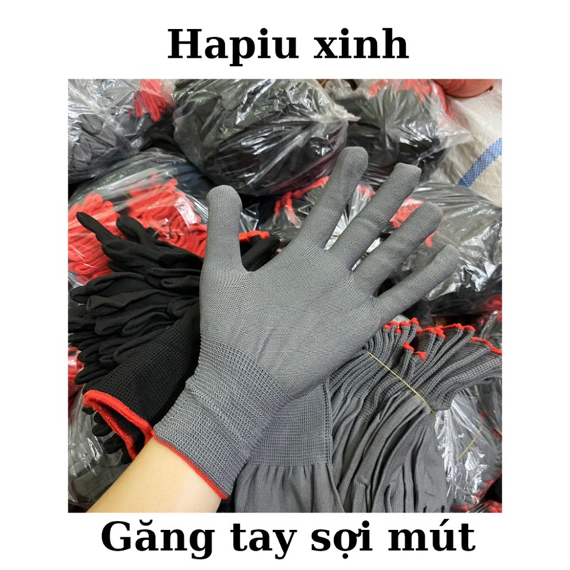 Lố 12 đôi Găng tay sợi mút đen xám găng tay lao động găng gang tay sợi tổng hợp