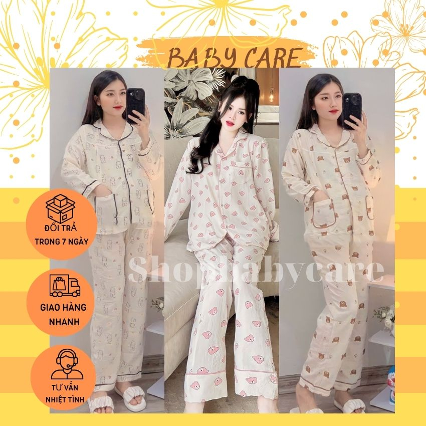 BỘ PIJAMA BẦU M275 VÀ CHO CON BÚ SAU SINH DÀI TAY SANG CHẢNH,VẢI XỐP NHĂN CAO CẤP