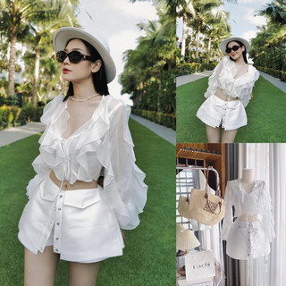 Set áo bẹt vai bo chun chocker hoa + chân váy 4m