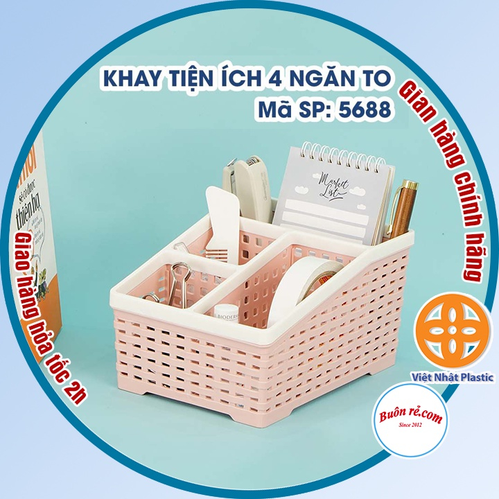 Khay nhựa tiện ích 4 ngăn Việt Nhật 2 size (5696/5688), khay 4 ngăn để bàn đựng bút, đồ dùng đa năng