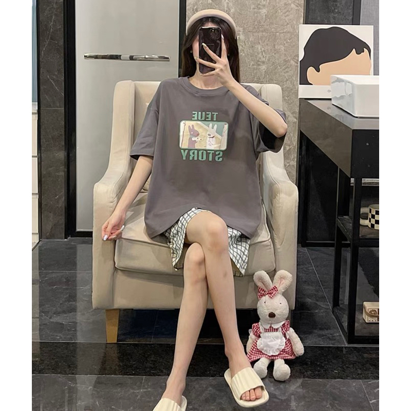 Set Bộ Đồ Nữ cọc tay mặc nhà in hoạ tiết dễ thương,Bộ Đồ Nữ đùi thun chất cotton siêu mát