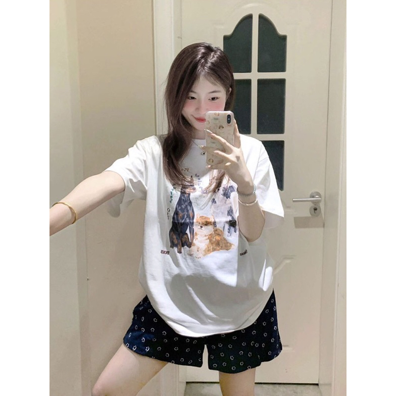 Set Bộ Đồ Nữ cọc tay mặc nhà in hoạ tiết dễ thương,Bộ Đồ Nữ đùi thun chất cotton siêu mát