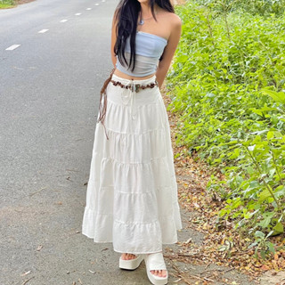 ÉMILIE - Sofia Midi Skirt - Chân váy dài dáng xoè rũ nhiều tầng (may 2 lớp) xếp ly rút dây trắng/đen