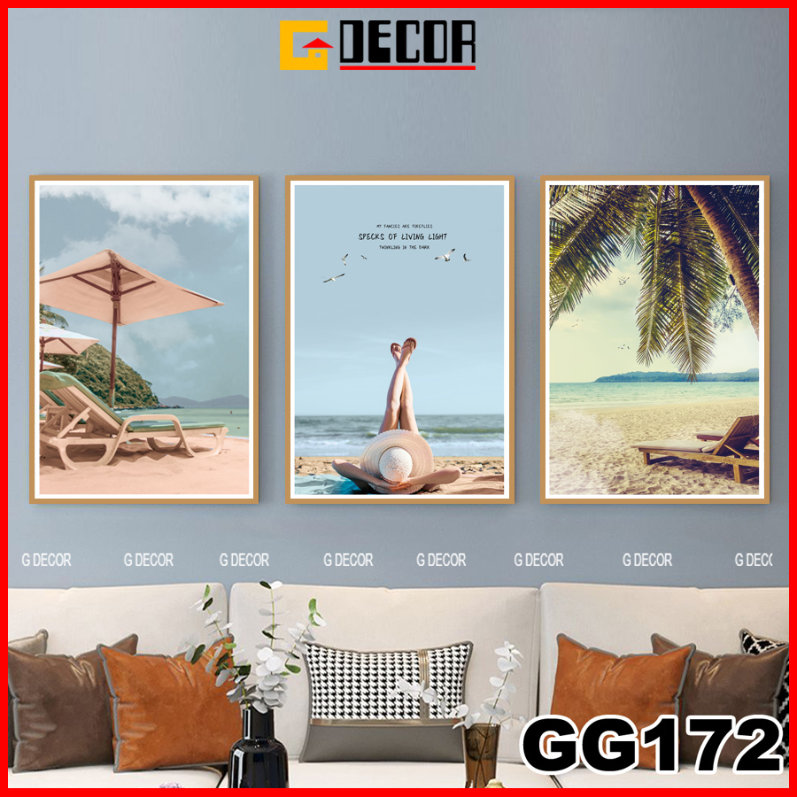 Tranh treo tường canvas khung gỗ 3 bức phong cách hiện đại Bắc Âu 172, tranh biển trang trí phòng khách, phòng ngủ, spa