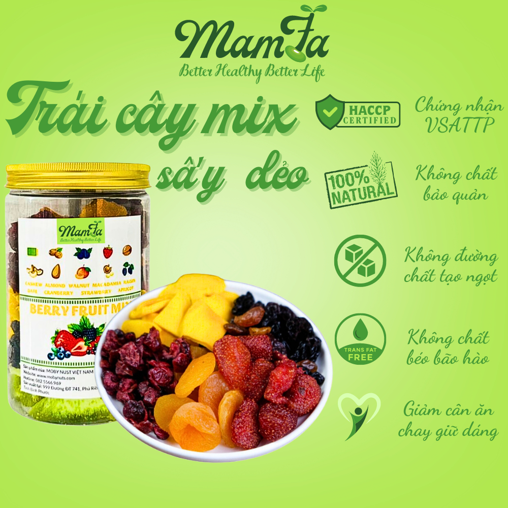 Trái cây sấy dẻo không đường Mamfa mix nho nâu xoài mơ vàng nam việt quất cao cấp không chất bảo quản