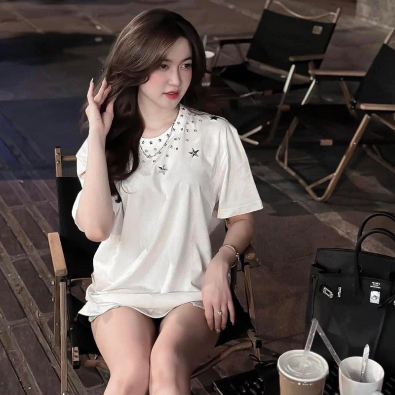 Set Áo Phông Bo Cổ Tròn Nạm Full Đá Đính Ngôi Sao Nổi Mix Chân Váy Jeans Thêu X