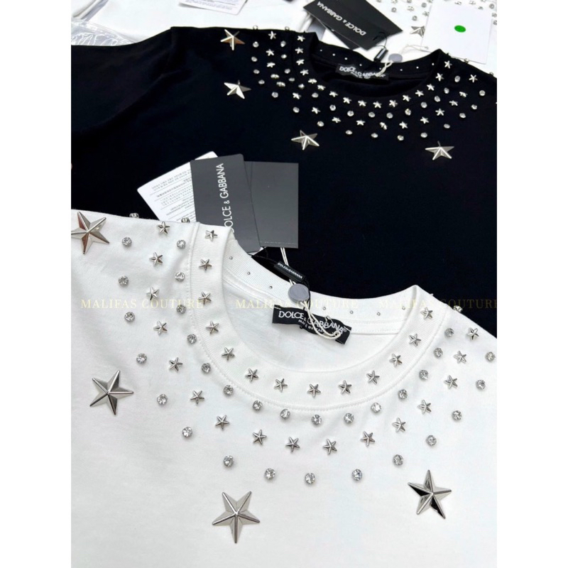 Set Áo Phông Bo Cổ Tròn Nạm Full Đá Đính Ngôi Sao Nổi Mix Chân Váy Jeans Thêu X