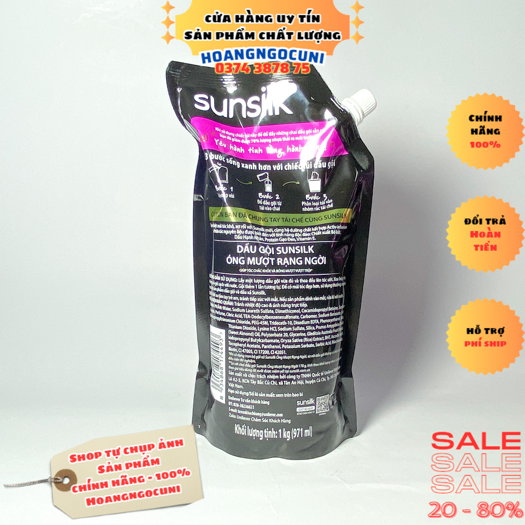 Dầu gội đầu Sunsilk dạng túi 1kg đen óng mượt rạng ngời chính hãng Unilever giúp tiết kiệm gấp ba lần freeship 1k
