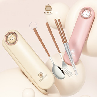 Bộ thìa đũa cá nhân cute, set muỗng đũa dĩa inox 304 mini văn phòng con thỏ gấu dễ thương kèm hộp có nắp đậy TM15