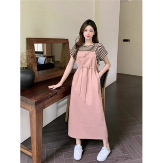 Set yếm hồng kèm áo pull kẻ sọc Freesize Rossy Fashion - SR200