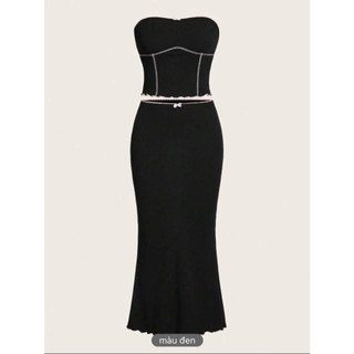 Set áo quây ngực váy maxi thun đen xám y2k - blapin set