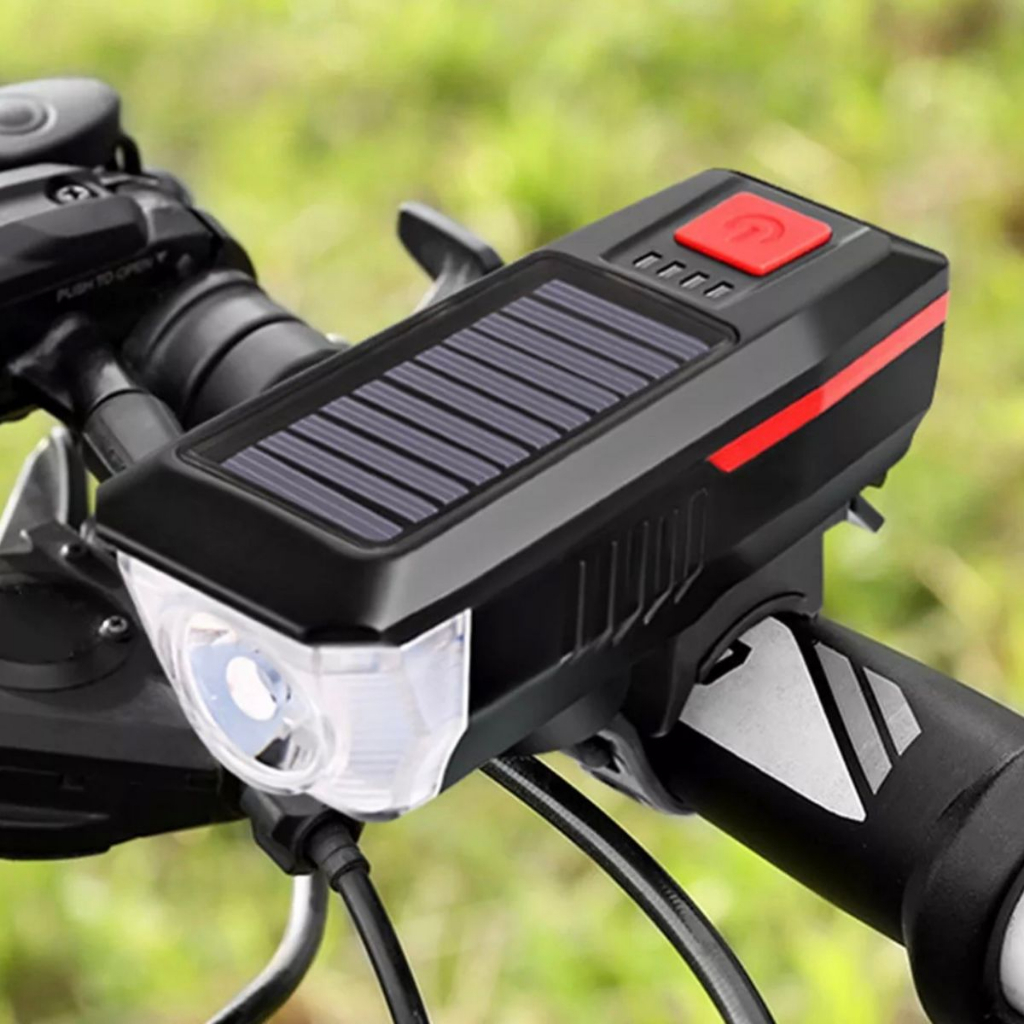 Đèn xe đạp thể thao dùng pin năng lượng mặt trời có còi chống nước 2000mAh