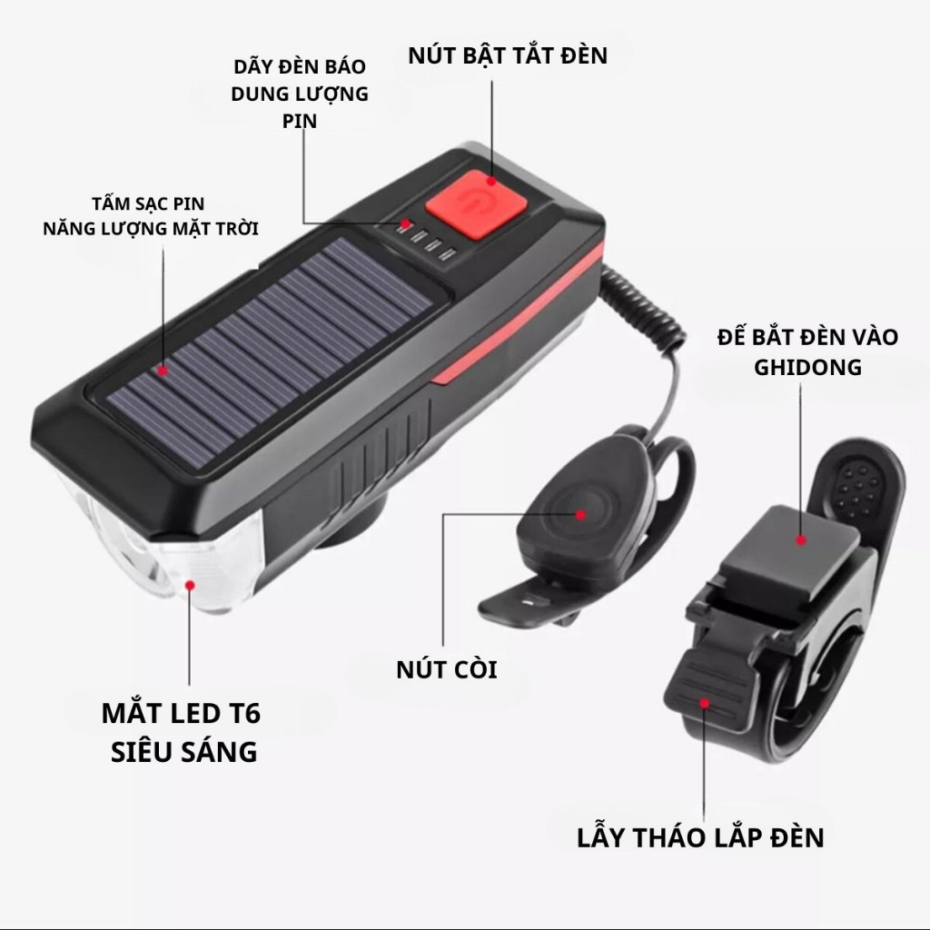 Đèn xe đạp thể thao dùng pin năng lượng mặt trời có còi chống nước 2000mAh