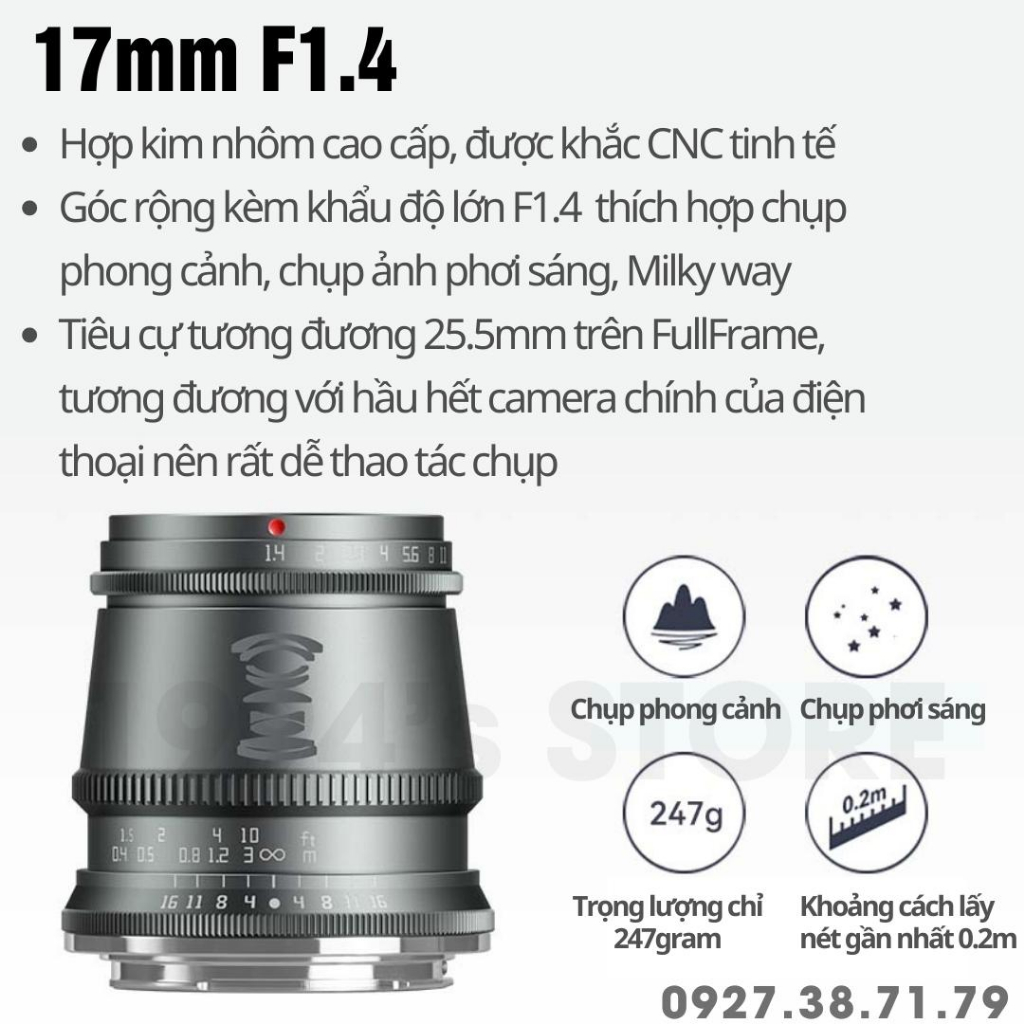 Ống kính TTArtisan 17mm F1.4 siêu rộng khẩu độ lớn cho Fujfilm, Sony, Canon EOS M, Canon RF, Leica L, Nikon Z và M4/3